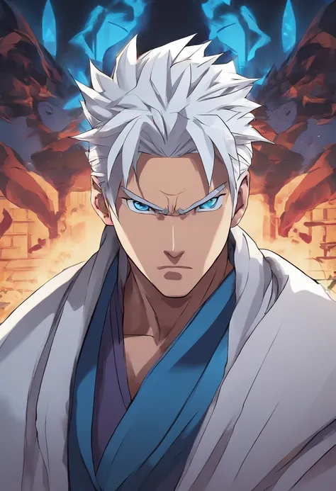 (age:32,male,white hair,blue eyes,white robe with lighting, ninja,naruto,dark skin,bodybuilder), (high resolution,4k,professional,physically-based rendering,vivid colors), (portraits,anime), (lighting:moody,shadow,backlit), (color tone:cool tones,blue hues...