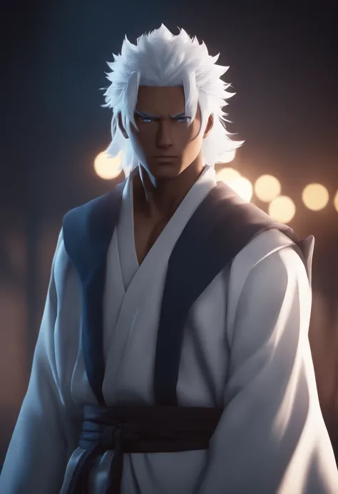 (age:32,male,white hair,blue eyes,white robe with lighting, ninja,naruto,dark skin,bodybuilder), (high resolution,4k,professional,physically-based rendering,vivid colors), (portraits,anime), (lighting:moody,shadow,backlit), (color tone:cool tones,blue hues...