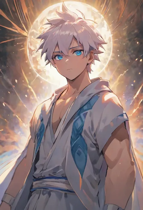 (age:32,male,white hair,blue eyes,white robe with lighting, ninja,naruto,dark skin,bodybuilder), (high resolution,4k,professional,physically-based rendering,vivid colors), (portraits,anime), (lighting:moody,shadow,backlit), (color tone:cool tones,blue hues...