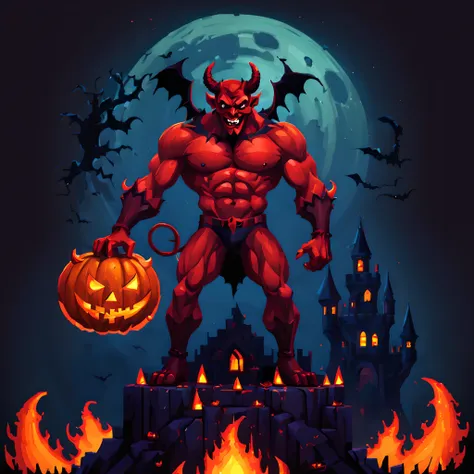 (halloween theme:1.3), (devil:1.5), (devil:1.5), (pixel art:1.5), scary muscular devil, standing on broken jack o'lantern, hallo...