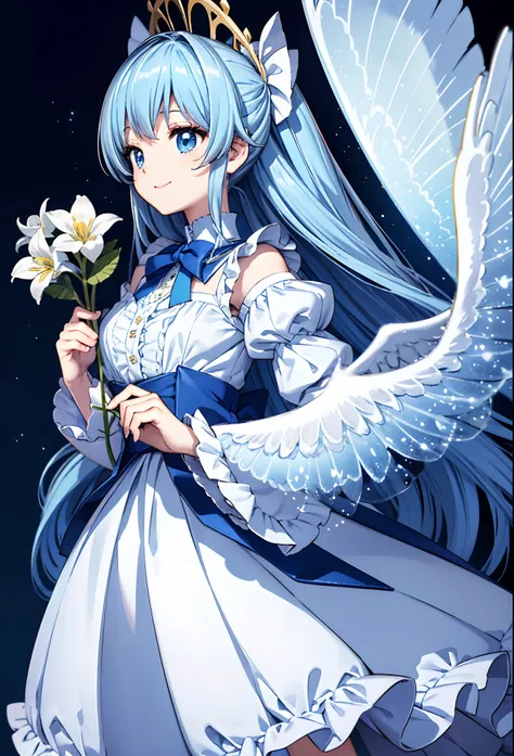 Angel wings shining in seven colors、Kawaii Girl、adorable smiling、Light blue long hair、Twin-tailed、Colorful angel costume in lolita style with ruffles、A blizzard of fluttering flowers(Some photos)、((top-quality))、((​masterpiece))、(ighly detailed、highestdeta...