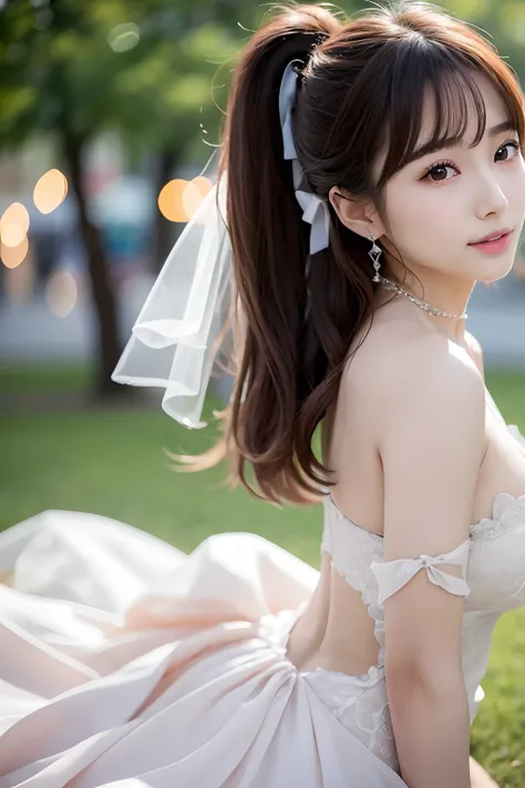 Random posture、(extremely delicate and beautiful work)、(​masterpiece)、One girl、Highly detailed and elegant（（Wedding Dresses））、tiarra、A highly detailed、Warped ponytail、A smile、Beautiful and clear eyes、Green pupil、delicate necklaces、Delicate earrings、Simple ...