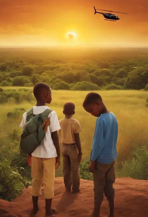 a CD cover containing images of young people reflecting on a day when their difficult reality was good, boys looking at a horizon of vegetation, sun, helicopter, people talking, religious people of African origin, realistic