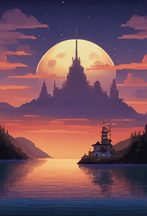 Pixel art of giant moon rising on calm sea, beautiful detailed pixel art, detailed pixel art, Lofidel retro video game, concept pixelart, detailed pixel artwork, Pixel art style, pixel town, pixel art animation, high quality pixel art, Dolphins jump off th...