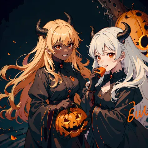 Devil, black devil, cute devil, anime illustration, ultra detailed, hyper sharp image, fangs. blonde wavy curly long hair, wearing rubber costume, halloween festival, jack olantern, ghost, happy smile, cute smile, red eyes, dark skin, eating pumpkin, chibi...