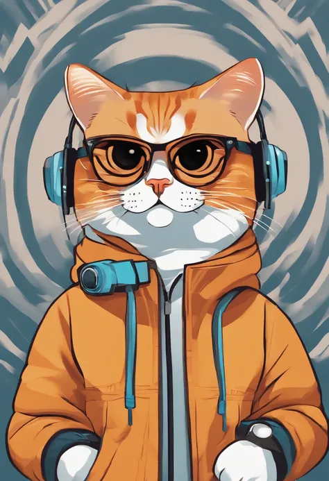 Perfect centering, Cute fat cat, Wear a jacket, Wearing sunglasses, Wearing headphones, cheerfulness, Standing position, Abstract beauty, Centered, Looking at the camera, Facing the camera, Approaching perfection, Dynamic, Highly detailed, Smooth, Sharp Fo...