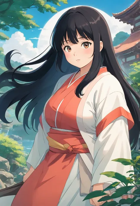 a chubby asian woman with long straight black hair and slight flowy bangs. She is overweight. White skin. She has weak jaw and small lower mouth. Her face is round shape. The lenght between her eyes are near. Diamond eyes shape and monolid and small.