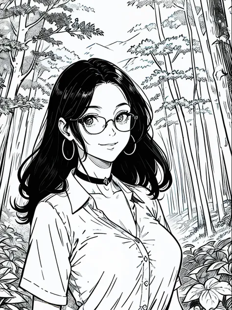 extremely beautiful woman, 30 years old, big black hair, snub nose, smug smile, busty, social shirt (half open on the breasts), hoop choker, round glasses, background forest, just face and chest photo, manga lineart