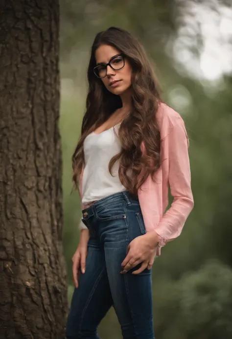 A young, short, petite woman in low rise skinny jeans, and a form fitting pink t shirt, and white panties. Brunette long hair, and glasses