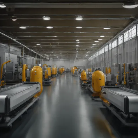 Photo of a modern industrial setting with two seamlessly integrated production lines. The prefabricated bathroom pod line features robotic arms assembling components, while the volumetric production line shows modular units in various stages of completion....