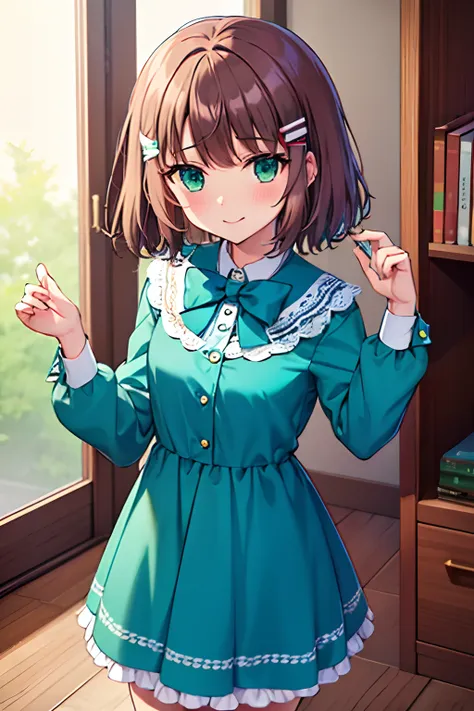 sasanami shoko, valvrabe, hair clips, blue roses, dress, lace dress, brown hair, green eyes, short hair, bow ribbon