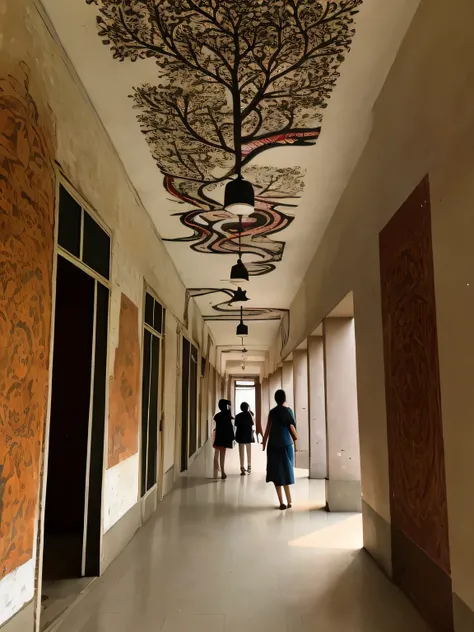 there are people walking down a hallway with a mural on the ceiling, branching hallways, in school hallway, bengal school of art, hallways, intricate mural, weird art on the wall, mural art, art on walls, beautiful aesthetic, walkway, endless hallways, wal...