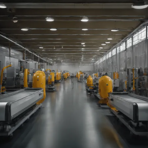 Photo of a modern industrial setting with two seamlessly integrated production lines. The prefabricated bathroom pod line features robotic arms assembling components, while the volumetric production line shows modular units in various stages of completion....