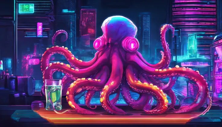 The giant octopus is holding a beer glass