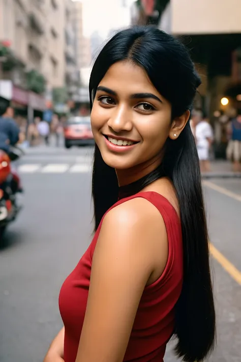 (full body, editorial photograph of a young dusky indian woman), photographed in a busy street, (highly detailed face:1.4) (smil...