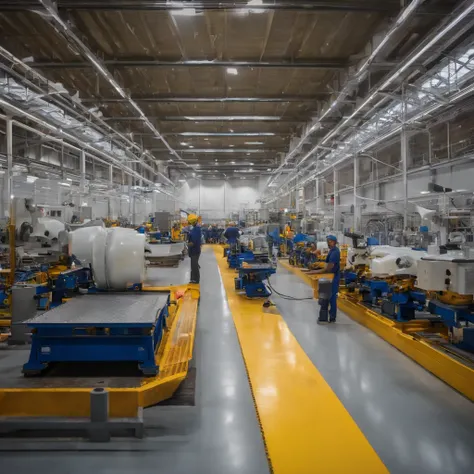 Photo of a state-of-the-art factory floor showcasing two distinct production lines. On the left, the prefabricated bathroom pods are being assembled with precision machinery, displaying various stages of assembly from raw materials to the finished product....