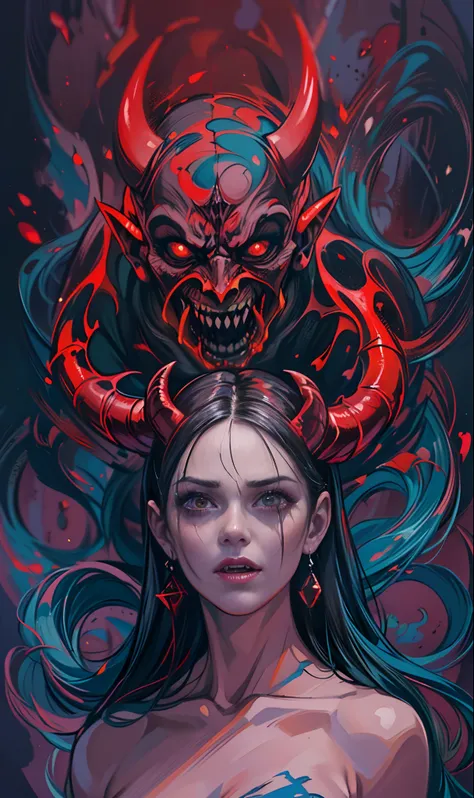 (best quality,4k,8k,highres,masterpiece:1.2),ultra-detailed,(realistic,photorealistic,photo-realistic:1.37),concept art,oil painting,gouache,horror theme, devil 1girl,elegant,cunning,abstract background,renaissance,(devil:1.5),chaotic and cunning,red and b...