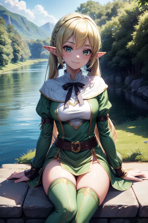 2d, anime, Masterpiece, best quality, teen girl, cute girl, smile, looking at viewer, elf, pointy ears, green eyes, twintail, blonde hair, medium breast, elf green outfit, no panties, thigh, straight legs, outside, under trees, sit, wind, day, shadow, brig...