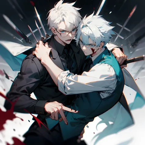 1male, white hair, blue eyes, blue palette, vest, glasses, fighting pose, knife, a lot of blood, super angry, warm lights, grumpy