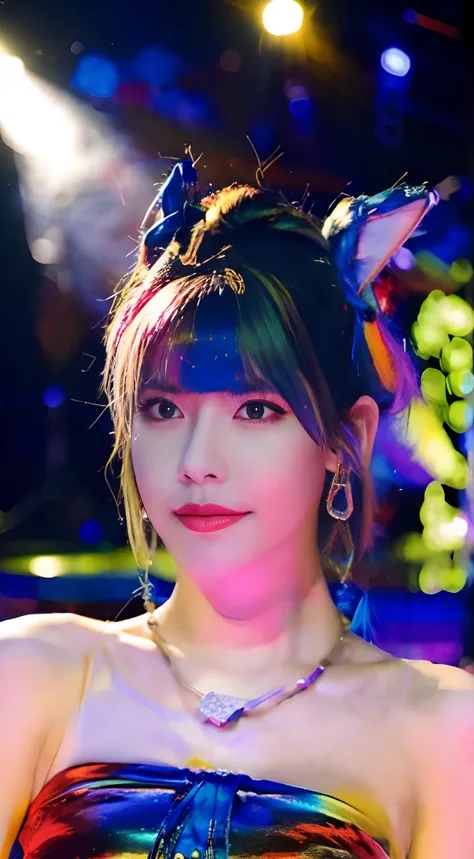 Girl with rainbow hair，Full body like，Sexy clothing，White complexion，Wear red and sapphire earrings on the left and right ears，adiamondnecklace，Disco stage，Dancing moves，ultra-wide-angle，45° top-down，volumettic light，Ultra-clear，Dim lighting，8K