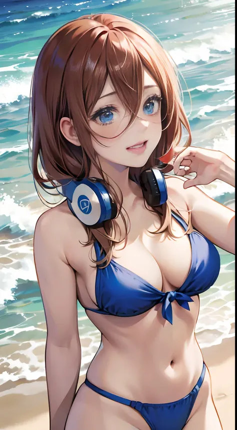 (masterpiece, high quality, high res), Nakano Miku (quintessential quintuplets), brown hair, bangs, headphones, running on beach, laughing, natural beauty, beach coast background, full body, revealing bikini, fine thong, gorgeous feminine body, mature look...