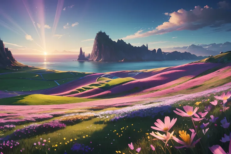 A flat, dreamy meadow of flowers and seas，The background is a colorful morning glow，There are some points of light floating in the air，fanciful，Fantastic light and shadow effects，中景 the scene is，High saturation，Shocking，style of surrealism，Modeling style，H...