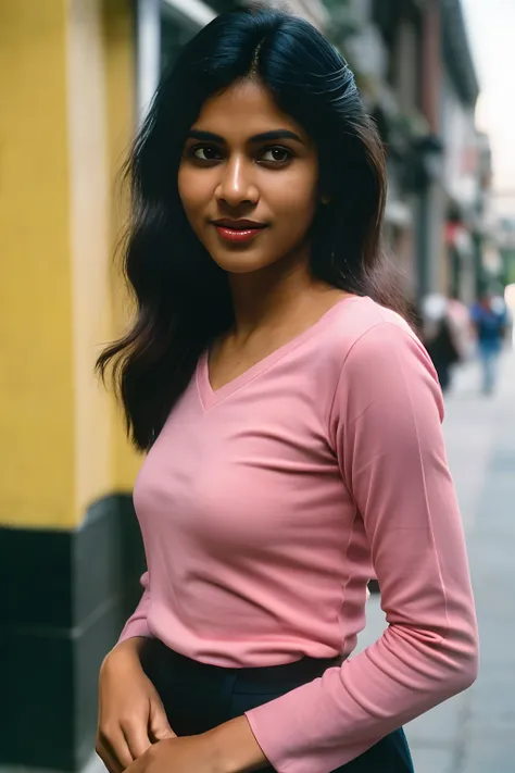 (full body, editorial photograph of a young dusky indian woman), photographed in a busy street, (highly detailed face:1.4) (smil...