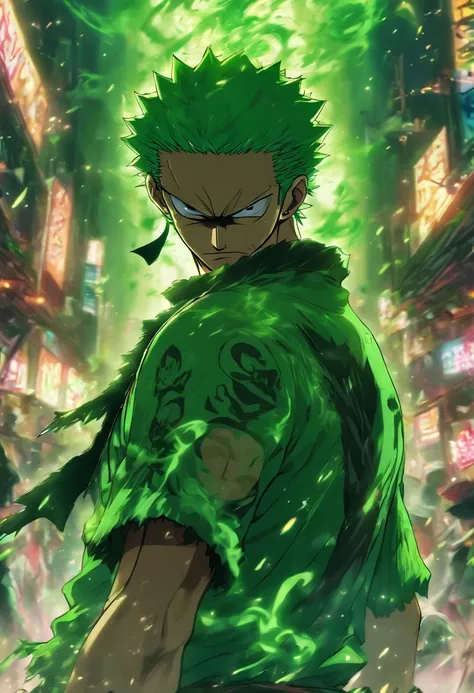 Zoro from anime one piece in the middle with his back turned against the viewer he has expressions and poses of confusion and despair he is being surrounded by many invisible screens he is wearing a hoodie it’s a cyberpunk environment the background, holdi...