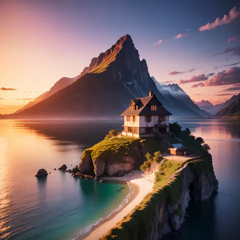 beautiful island, mountains, sunset, cinematic, house on island