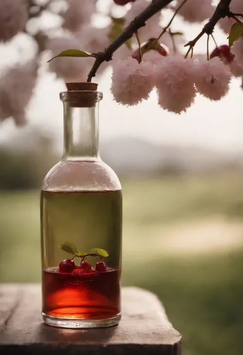 Cherry tree in a bottle, fluffy, realistic, atmospheric light refraction, photographed by lee jeffries, nikon d850 film Stock Photo 4 Kodak portra 400 camera f1.6 lens, rich colors, ultra realistic realistic textures, dramatic lighting, unreal engine trend...