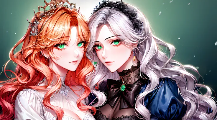 shoujo-style, floral background, romance manhwa, (2girls:1.3), couple, blonde hair, pink hair, solo, long hair, flower, dress, tiara, white dress, gloves, long sleeves, choker, green eyes, mascara, makeup, white gloves, black bow, black flower, wavy hair, ...