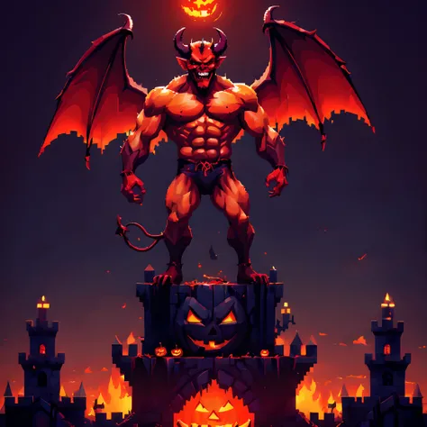 (halloween theme:1.3), (devil:1.5), (devil:1.5), (pixel art:1.5), scary muscular devil, standing on broken jack Olantern, halloween day, dark background, european castle, fire aura background,