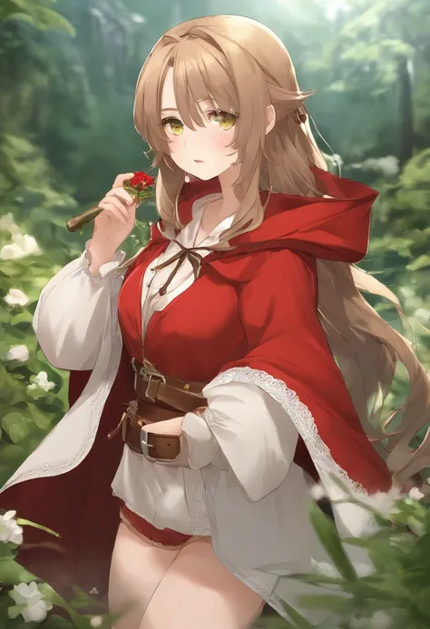 ((Blowing a wooden whistle))、((Little teenage girl, Wear a red cloak, Wearing a red hood, Fully round eyelids, White flower hair ornament, Green Bikini, Leather shorts, Belt bag, green colored eyes, Light brown long hair、Wavy Hair, Smaller chest:1.1)) , jr...