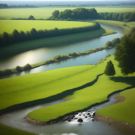 Landscape of a green meadow with a river