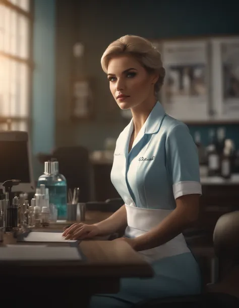 Cinematic , ((3/4 yrsche)), facing the audience, (Reality :1.4), a woman looking into the camera, female cosmetologist, nurse azure costume, detailed beautiful face, action shot, office background, daytime, photo realistic, CG, art station, masterpiece, HD...