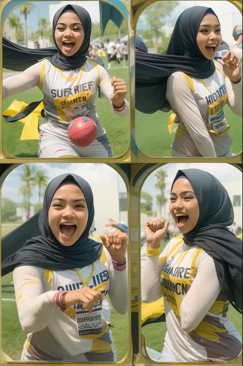 Create an energetic image of a Malay girl in hijab participating in a relay race, her teammates cheering her on as she sprints with determination