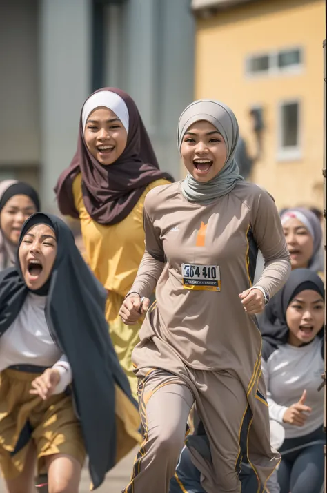 Create an energetic image of a Malay girl in hijab participating in a relay race, her teammates cheering her on as she sprints with determination