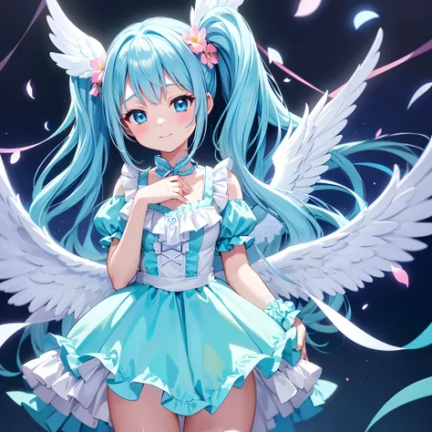 Angel wings shining in seven colors、1 kawaii girl、adorable smiling、Twin tails with long light blue hair、Colorful angel costume in lolita style with ruffles、A blizzard of fluttering flowers(Some photos)、((top-quality))、((​masterpiece))、(ighly detailed、highe...