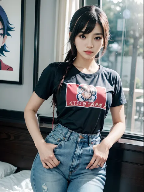 20 years old, gorgeous cute  Korean girl, smirk, a close up of a woman wearing glasses and a shirt, Indonesian girl, anime inspired, anime girl in real life, bulma from dragon ball, retro anime girl, blue tight tshirt, anime girl cosplay, very beautiful cu...