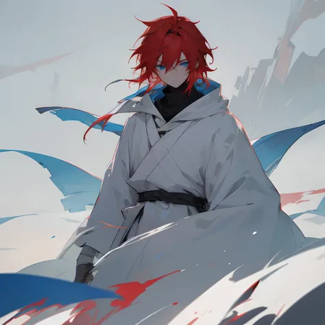 1male , red hair , blue eyes , messy hair , pale skin , white cloak with a blue longsleeve shirt underneath , bandages around the forehead  , Modern Village Background standing on path , somber expression , ninja clothing , lean build , sunny sky