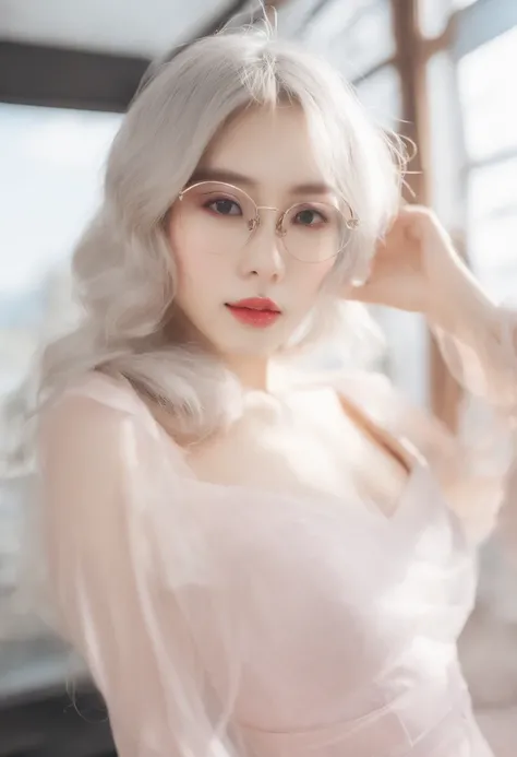 Top image quality、Raw photography、超A high resolution、18-year-old Korean、Glasses beauty、Colossal tits:1.5、cleavage of the breast:1.5、fair white skin、shiny white skin、(short bobbed hair)、bright silver hair、bright white hair、Beautiful eyes with random colors、...