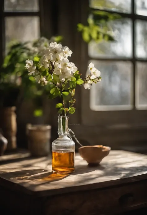 A bottle of McCarran is placed on a wooden pallet，Next to them are two glasses filled with liquid, Green plums on the table，White plum blossoms,Sunlight,grove,Chinese wooden windows，professional food photography, Cao Zhibai, artsy photography, still-life