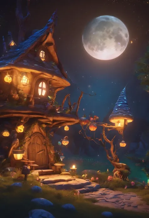 Fantasy elf world,The moon hangs high in the night,The Galaxy hangs high,Meteors flew by,A cute elfs mushroom house，highly  detailed，Uptrend，vivd colour