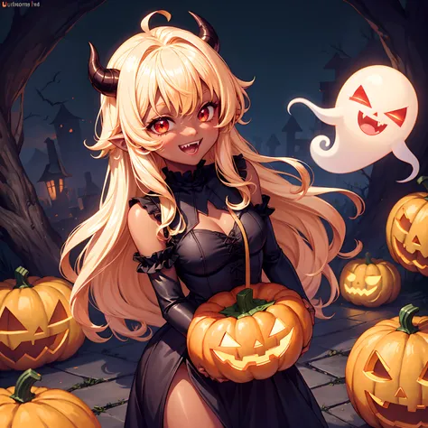 Devil, black devil, cute devil, anime illustration, ultra detailed, hyper sharp image, fangs. blonde wavy curly long hair, wearing rubber costume, halloween festival, jack olantern, ghost, happy smile, cute smile, red eyes, dark skin, eating pumpkin, chibi...