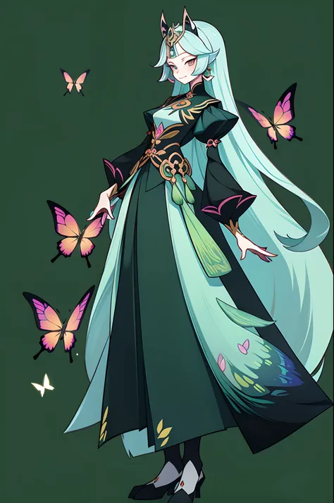 (1 Anthropomorphism of butterflies), (standing full-body), (Full body standing painting), 1 Princess，(standing full-body)，独奏, long  skirt，character  design, fanciful, tmasterpiece，top Quority，best qualtiy，超高分辨率，Exquisite facial features