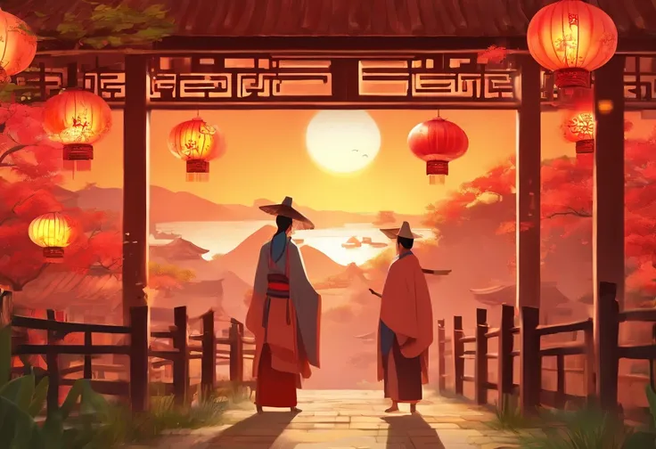 (the sunset:1.4)，(old Chinese village:1.3)，(The villagers:1.2)Sit in a circle，(the elder:1.4)Tell stories in traditional Chinese costumes，(General of the Yang family:1.1)Be discussed，(Hand fan:1.3)He was slowly waved by the elder，(An expression of undivide...