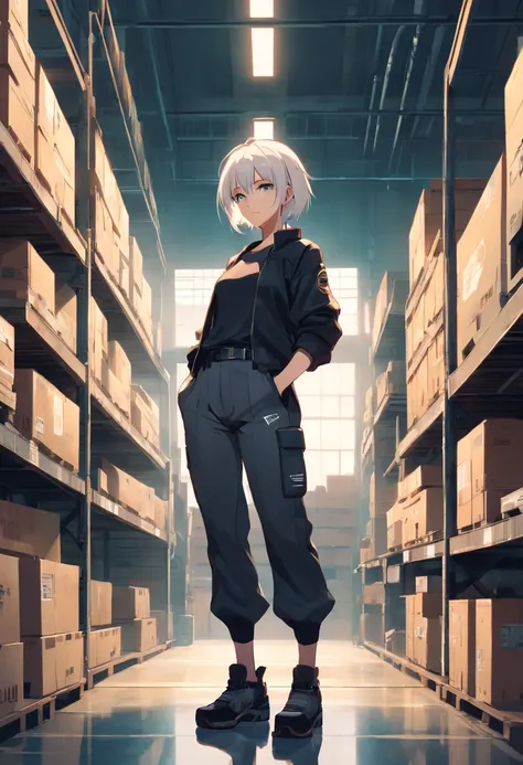 a woman with medium white hair and black pants standing in a warehouse, cyberpunk realistic girl, cargo pants. cyberpunk city, female cyberpunk, digital cyberpunk realistic art, realistic cyberpunk art, modern cyberpunk city, muted cyberpunk style, cyberpu...