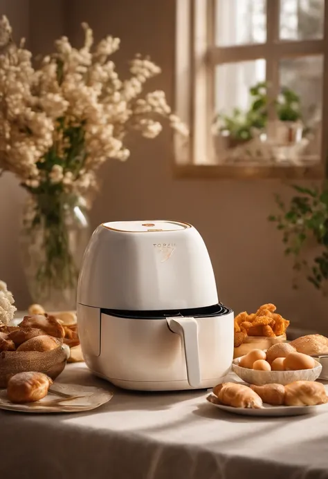 a white air fryer with food piled into different containers, in the style of romantic atmosphere, light gold and light amber, False naïve, flatness of space, toraji, pretty, use of screen tones