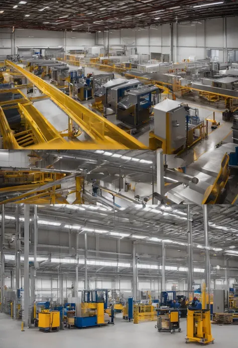 bright colors, Photo of a state-of-the-art factory floor showcasing two distinct production lines. On the left, the prefabricated bathroom pods are being assembled with precision machinery, displaying various stages of assembly from raw materials to the fi...