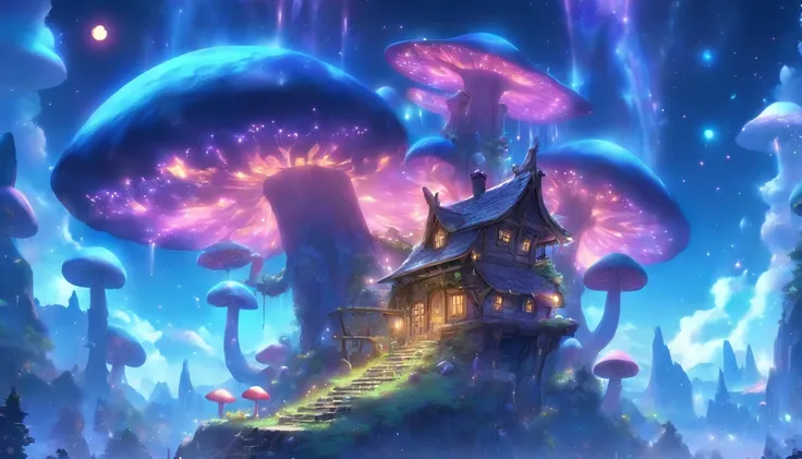 Fantasy elf world,The moon hangs high in the night,The Galaxy hangs high,Meteors flew by,A cute elfs mushroom house，highly  detailed，Uptrend，vivd colour